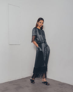 GREEN SATIN DRAWSTRING TASSLE DRESS