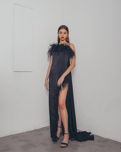BLACK OSTRICH SIDE SLIT DRESS