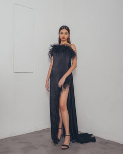 BLACK OSTRICH SIDE SLIT DRESS