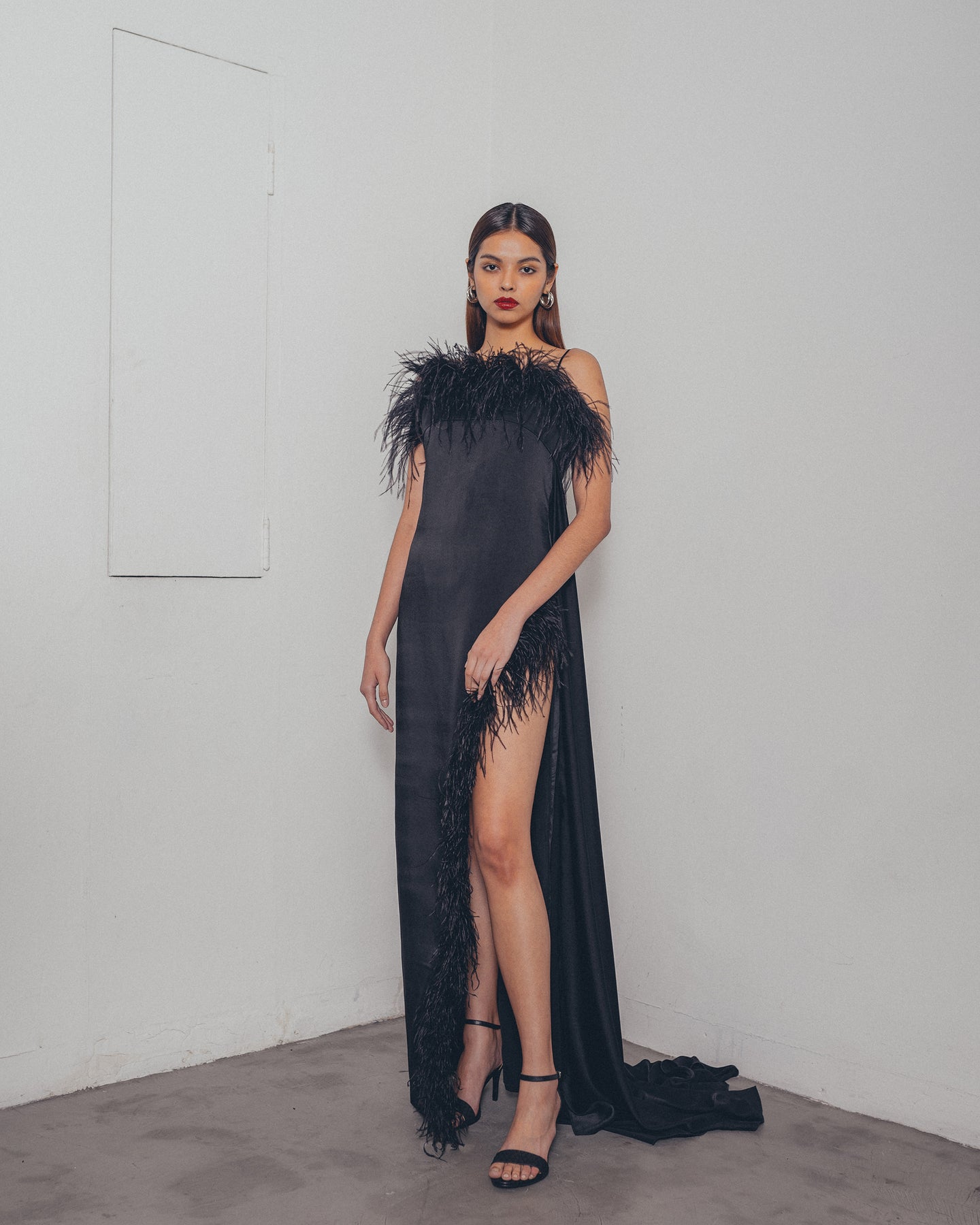 BLACK OSTRICH SIDE SLIT DRESS