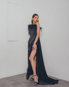 BLACK OSTRICH SIDE SLIT DRESS