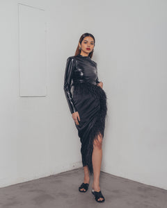 BLACK OSTRICH SLIT SKIRT