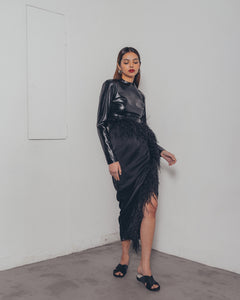 BLACK OSTRICH SLIT SKIRT