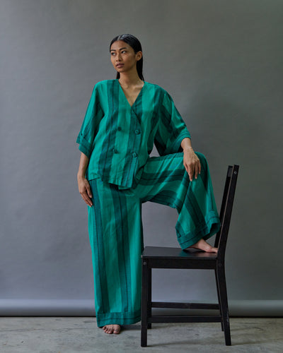 GREEN STRIPE LINEN PALAZZO PANTS