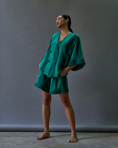 GREEN LINEN DOUBLE BREASTED TOP